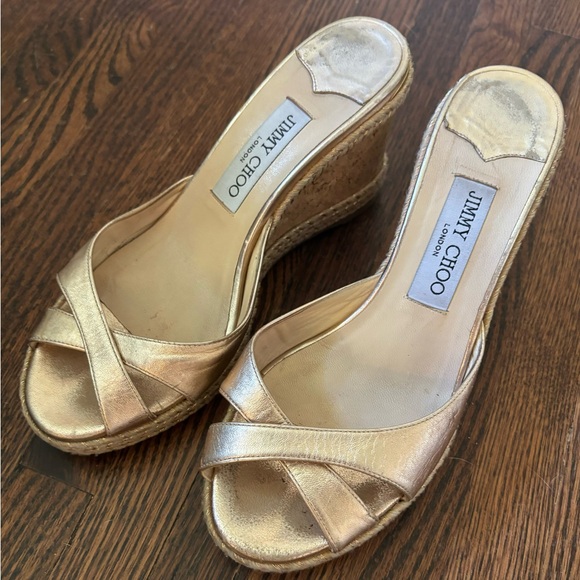 Jimmy Choo Almer Metallic Nappa Leather Wedges Braid Trim in gold Size 38.5
